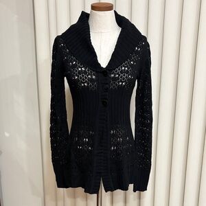 NWT Charlotte Tarantola Black Shawl Collar Button-Up Knit Cardigan 3 button Med